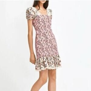 Foxiedox Maribella Mini Dress Smocked Flounce Floral Puff Sleeve Square Neck XS